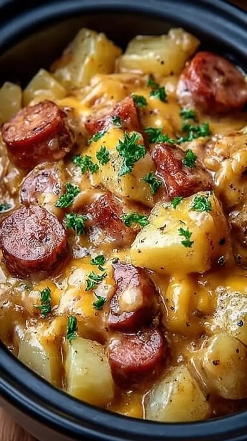 “Crockpot cheesy potatoes and kielbasa” in a slow cooker, with thick slices of browned kielbasa sausage, tender potato chunks, and a rich melted cheese sauce, topped with chopped fresh parsley.