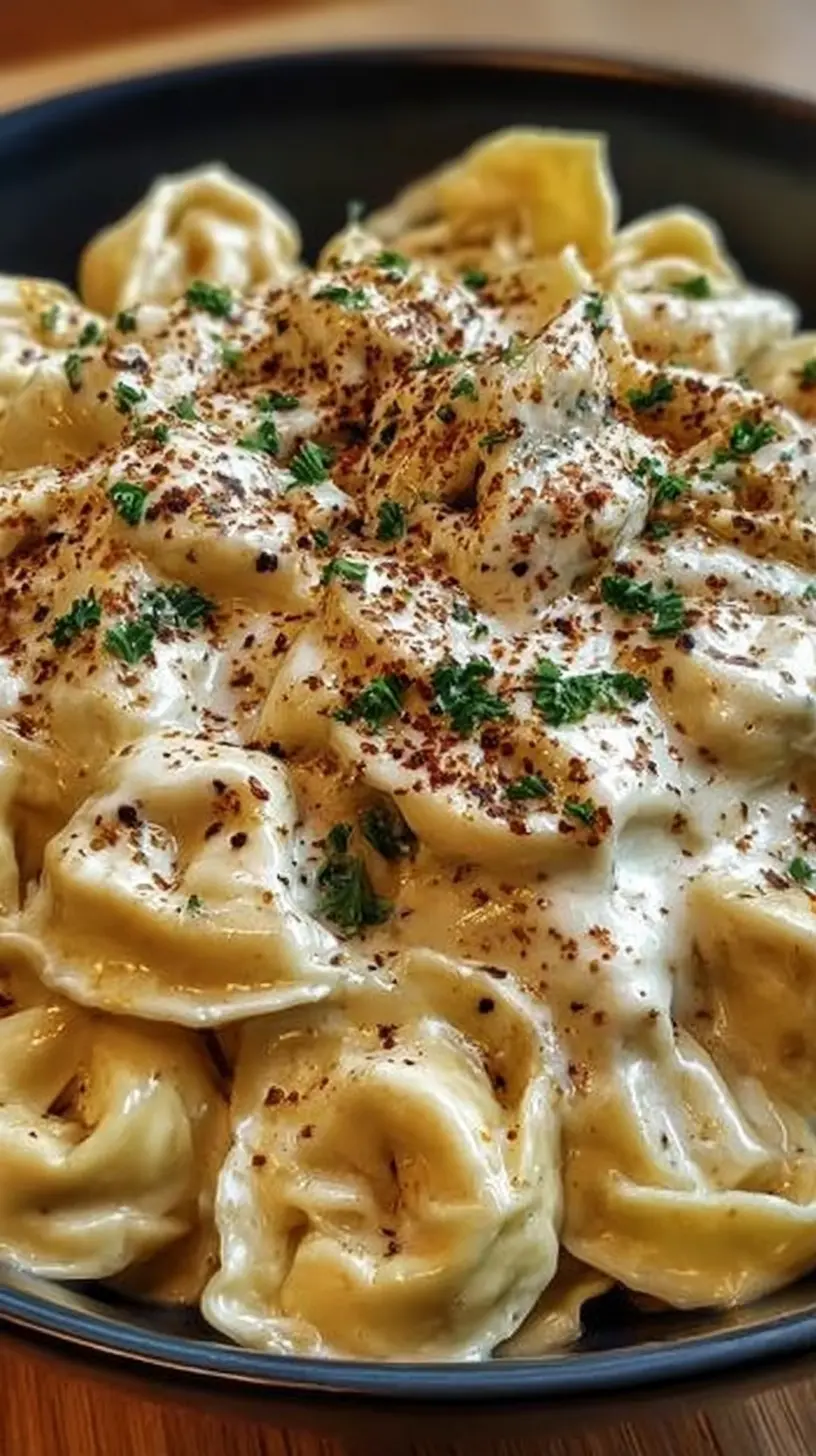 Cozy bowl of cheesy slow-cooked pasta with tender chicken and tortellini, topped with herbs – "Crockpot Chicken Alfredo Tortellini A Creamy Delight You’ll Love!