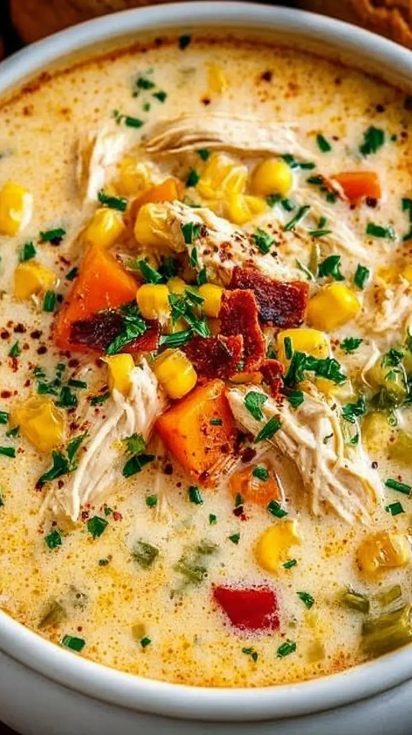 Close-up of crockpot chicken corn chowder in a white bowl, filled with shredded chicken, sweet corn, carrots, peppers, and bacon in a creamy broth, topped with fresh herbs.