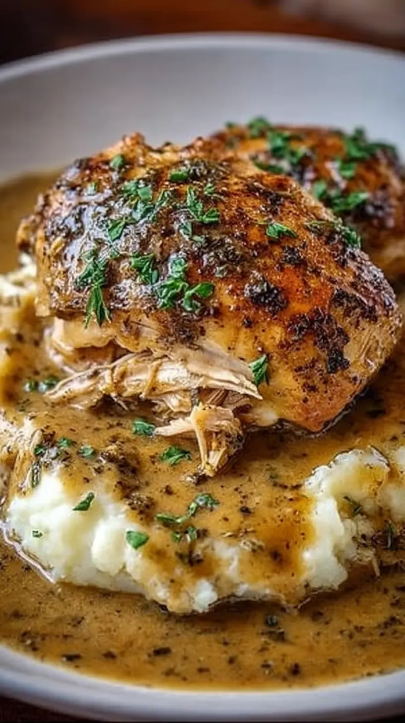 Close-up of slow-cooked crockpot chicken served over creamy mashed potatoes, smothered in rich herb gravy and sprinkled with fresh parsley.
