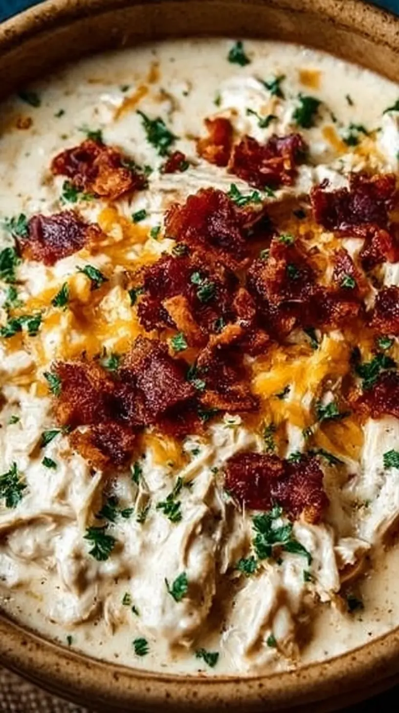 Close-up of crockpot crack chicken in a creamy cheese sauce, topped with crispy bacon pieces and fresh parsley in a rustic bowl.