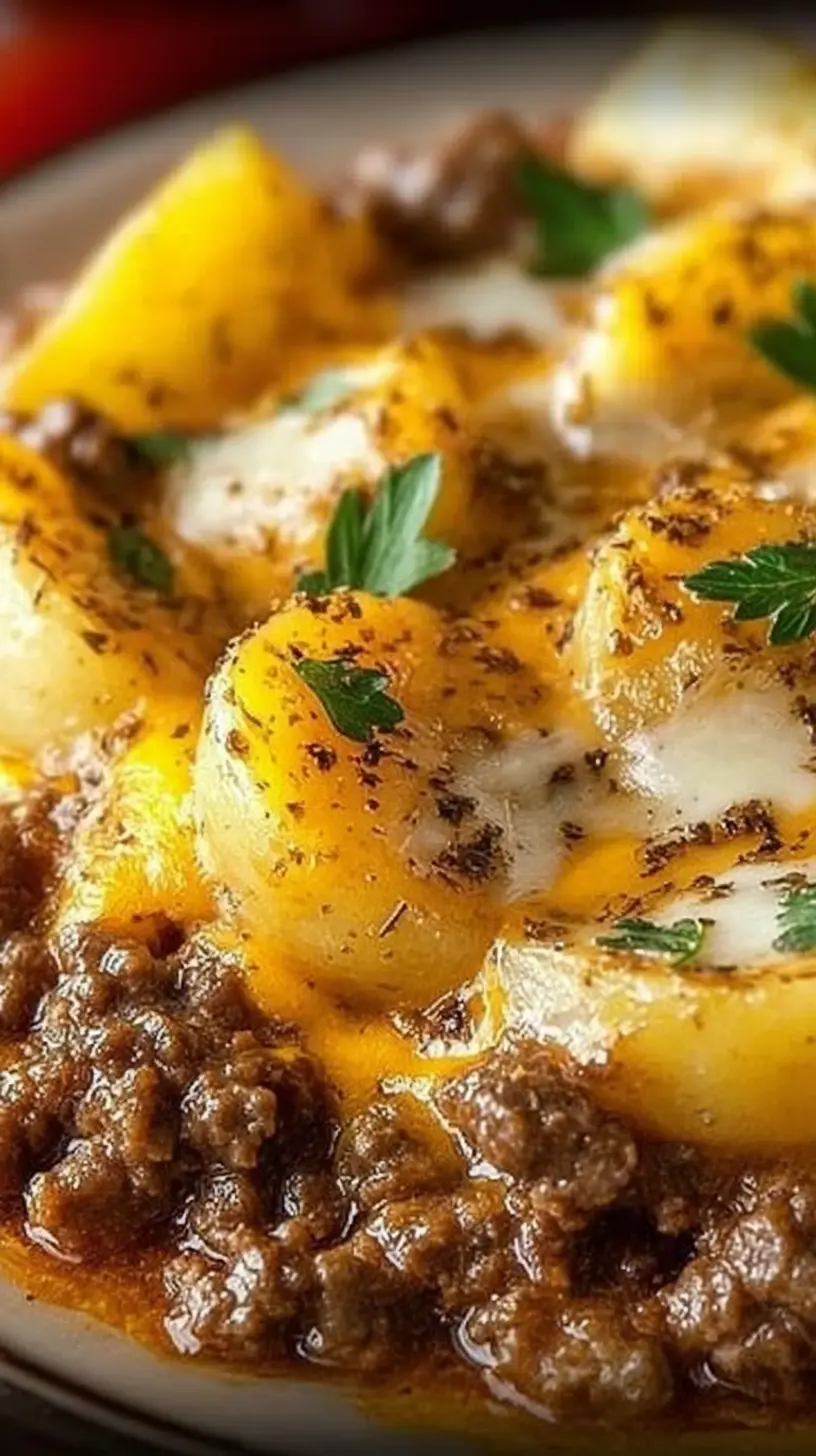 Close-up of crockpot hamburger potato casserole with layers of ground beef, tender sliced potatoes, melted cheese, and parsley on top.