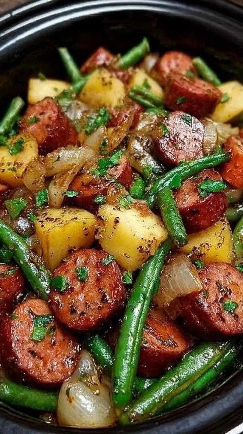 Close-up of crockpot kielbasa and green beans with tender potato chunks, caramelized onions, and browned sausage slices in a savory broth.