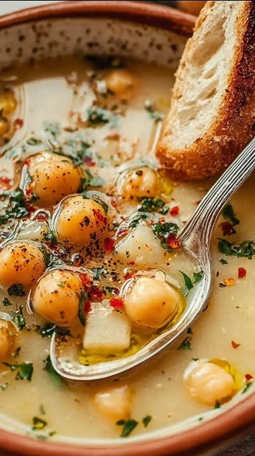 Delicious Garlic Chickpea Soup" served in a rustic bowl with chickpeas, potatoes, fresh herbs, olive oil and a slice of crusty bread