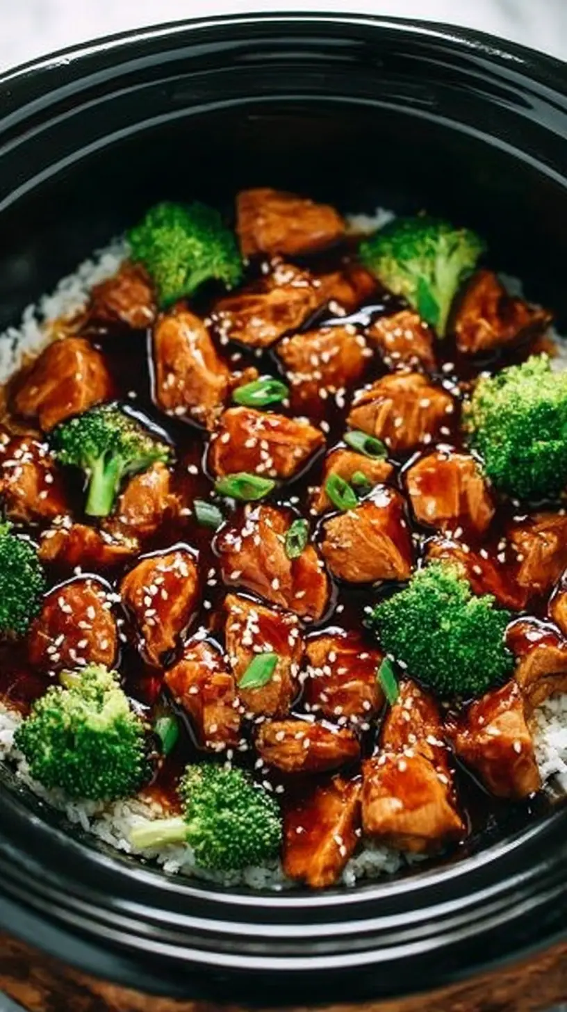 “Dump and go crockpot teriyaki chicken” with tender chicken pieces in a glossy teriyaki sauce, served over white rice with broccoli florets and sprinkled with sesame seeds and sliced green onions.