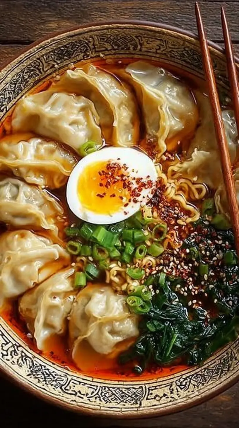 Overhead view of a dumpling ramen bowl with plump dumplings, soft-boiled egg, ramen noodles, scallions, seaweed, and chili oil broth, with chopsticks on the side.