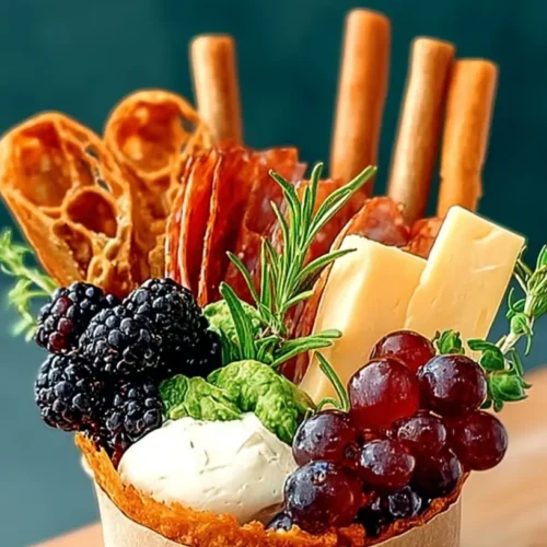 Vertical close-up of a single charcuterie cup filled with blackberries, red grapes, herbed cheese, salami folds, cheddar sticks, pretzel crisps, breadsticks, and fresh rosemary in a brown wrapper.