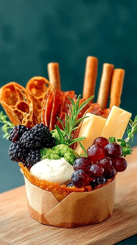 Vertical close-up of a single charcuterie cup filled with blackberries, red grapes, herbed cheese, salami folds, cheddar sticks, pretzel crisps, breadsticks, and fresh rosemary in a brown wrapper.