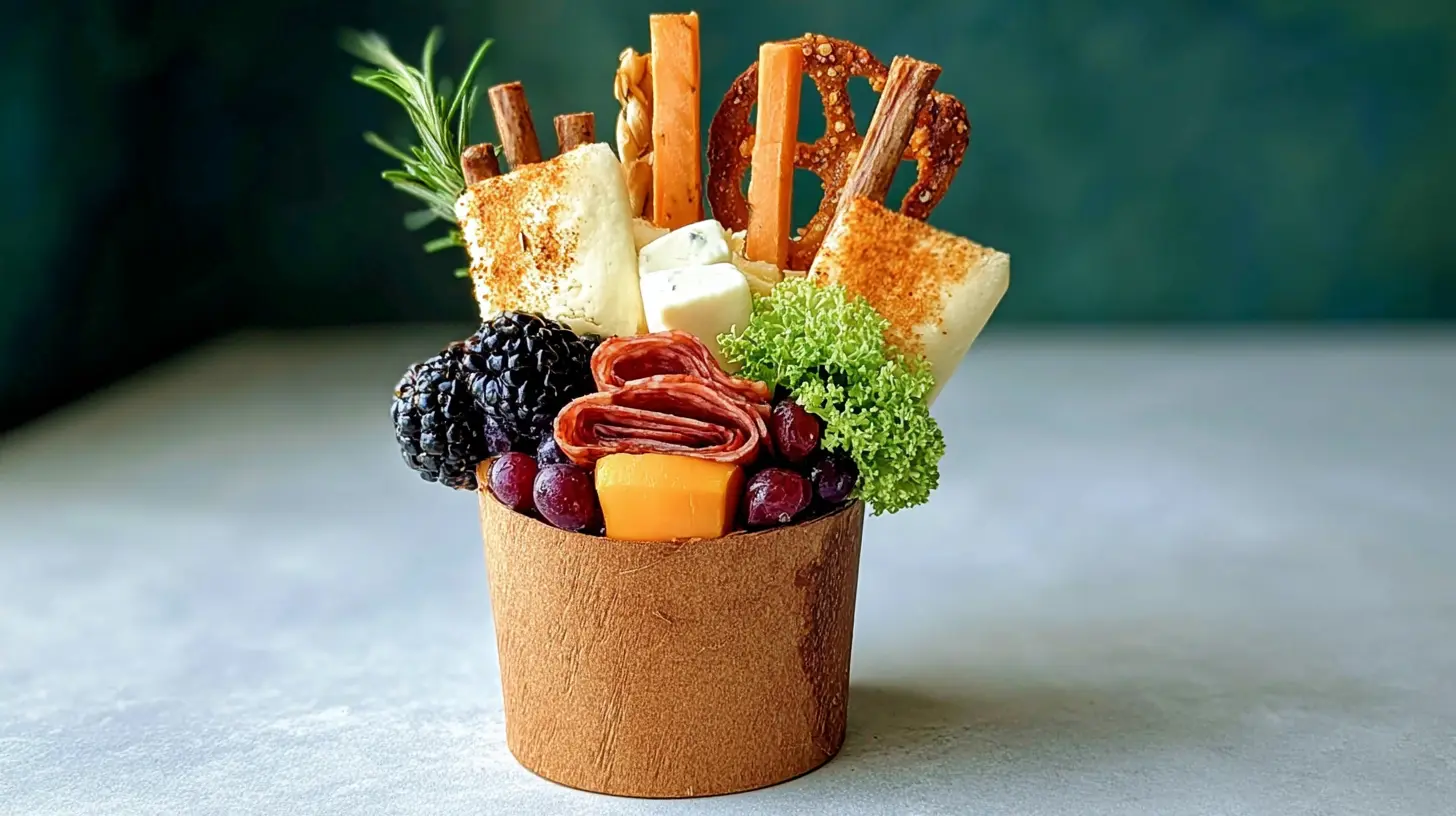Single charcuterie cup on a neutral background filled with salami folds, cheddar cube, red grapes, blackberries, herb sprig, soft cheese cube, crisp breadsticks, pretzel chip, pita crisps, and leafy garnish.