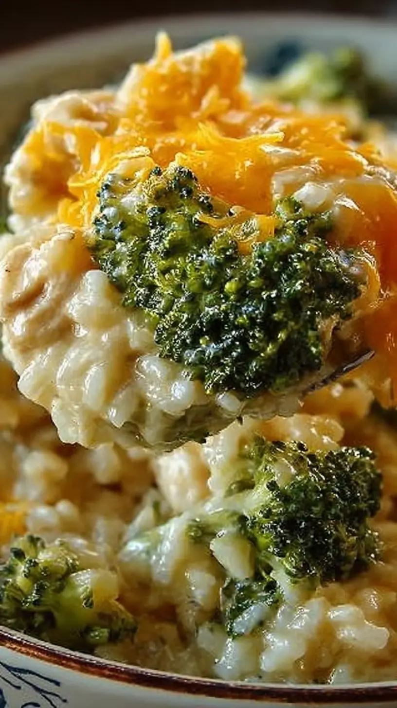 Close-up of creamy crockpot cheesy chicken broccoli rice on a spoon, with tender rice, bright green broccoli florets, and melted cheddar cheese.