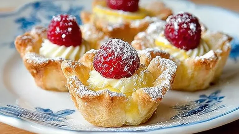 Golden mini lemon tartlets on a blue-and-white plate, filled with lemon curd and piped cream, each topped with a fresh raspberry and dusted with powdered sugar.