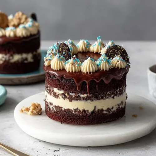 Mini chocolate naked layer cake filled with cookie-dough buttercream, ganache drip, and piped swirls topped with sprinkles and cookie pieces.