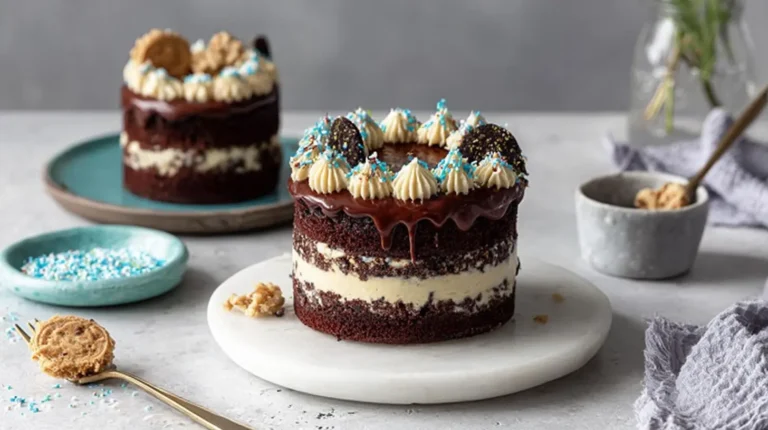 Mini chocolate naked layer cake filled with cookie-dough buttercream, ganache drip, and piped swirls topped with sprinkles and cookie pieces.
