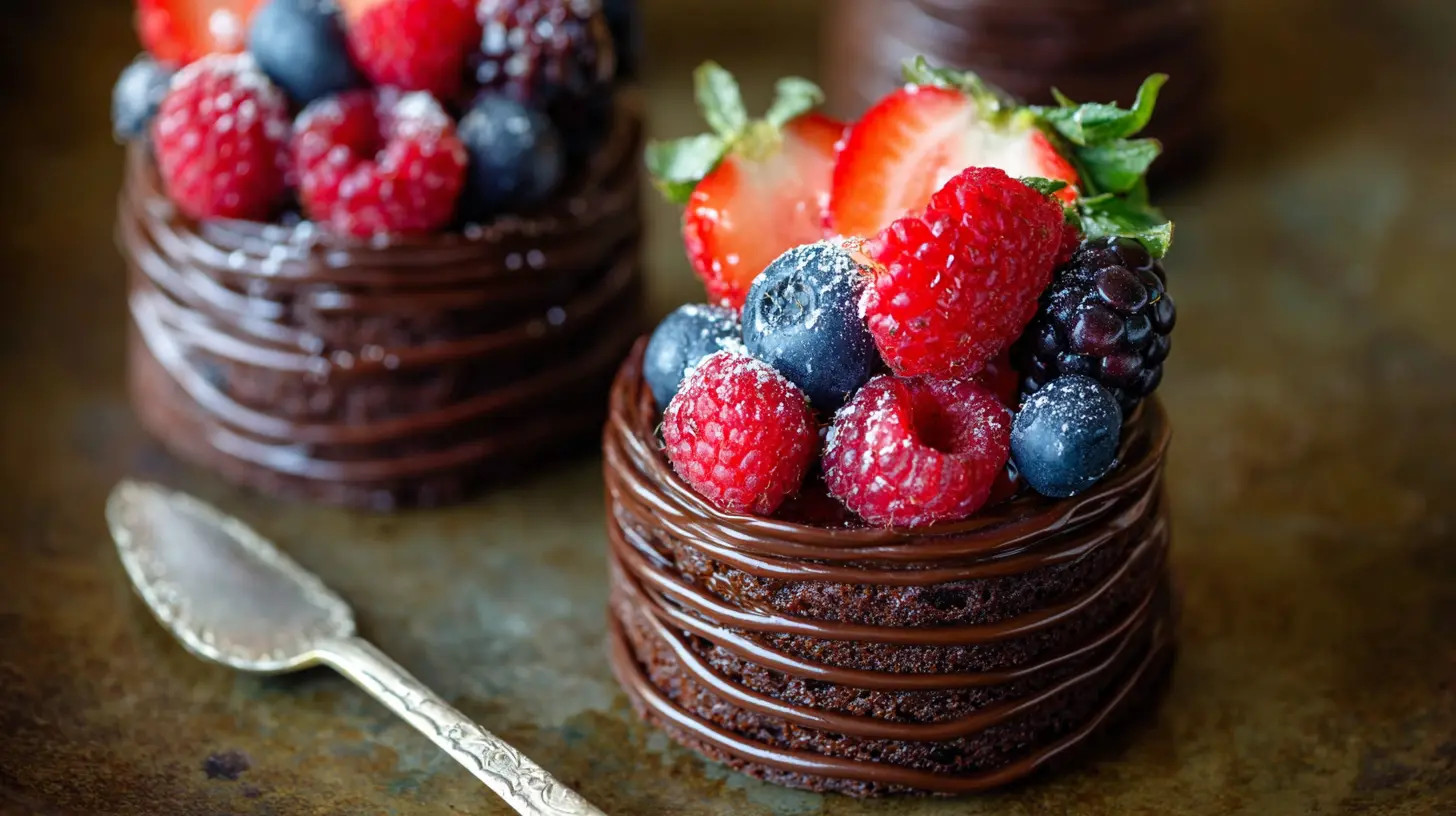 mini double chocolate berry cakes topped with fresh raspberries, blueberries, strawberries, and blackberries, with glossy chocolate ganache swirls on a rustic tray
