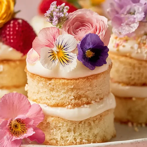 Mini lemon tartlets topped with cream and edible flowers on a plate.