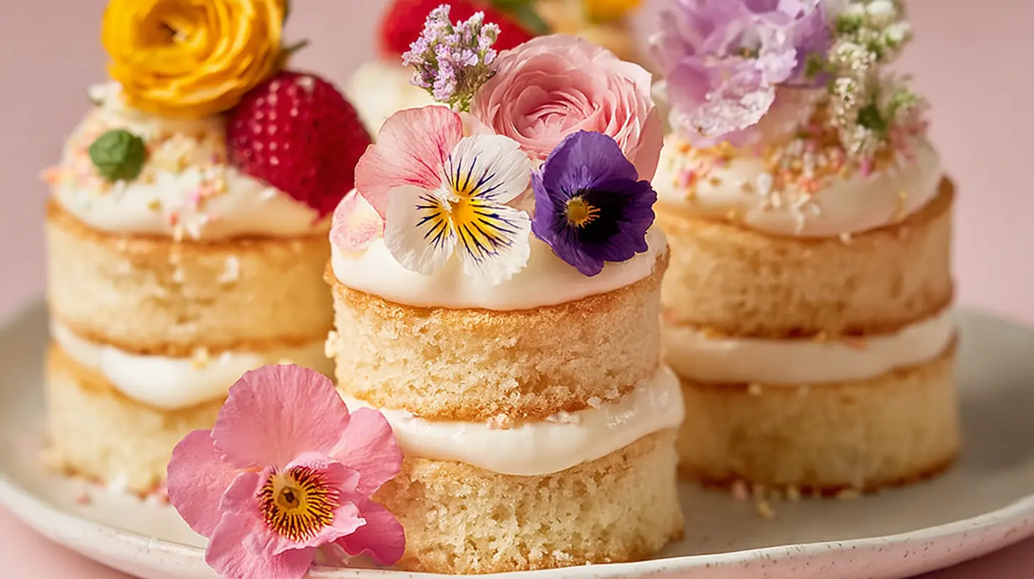 Mini lemon tartlets topped with cream and edible flowers on a plate.