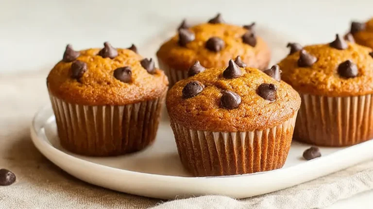 Plate of pumpkin chocolate chip muffins with chocolate chips scattered on top.