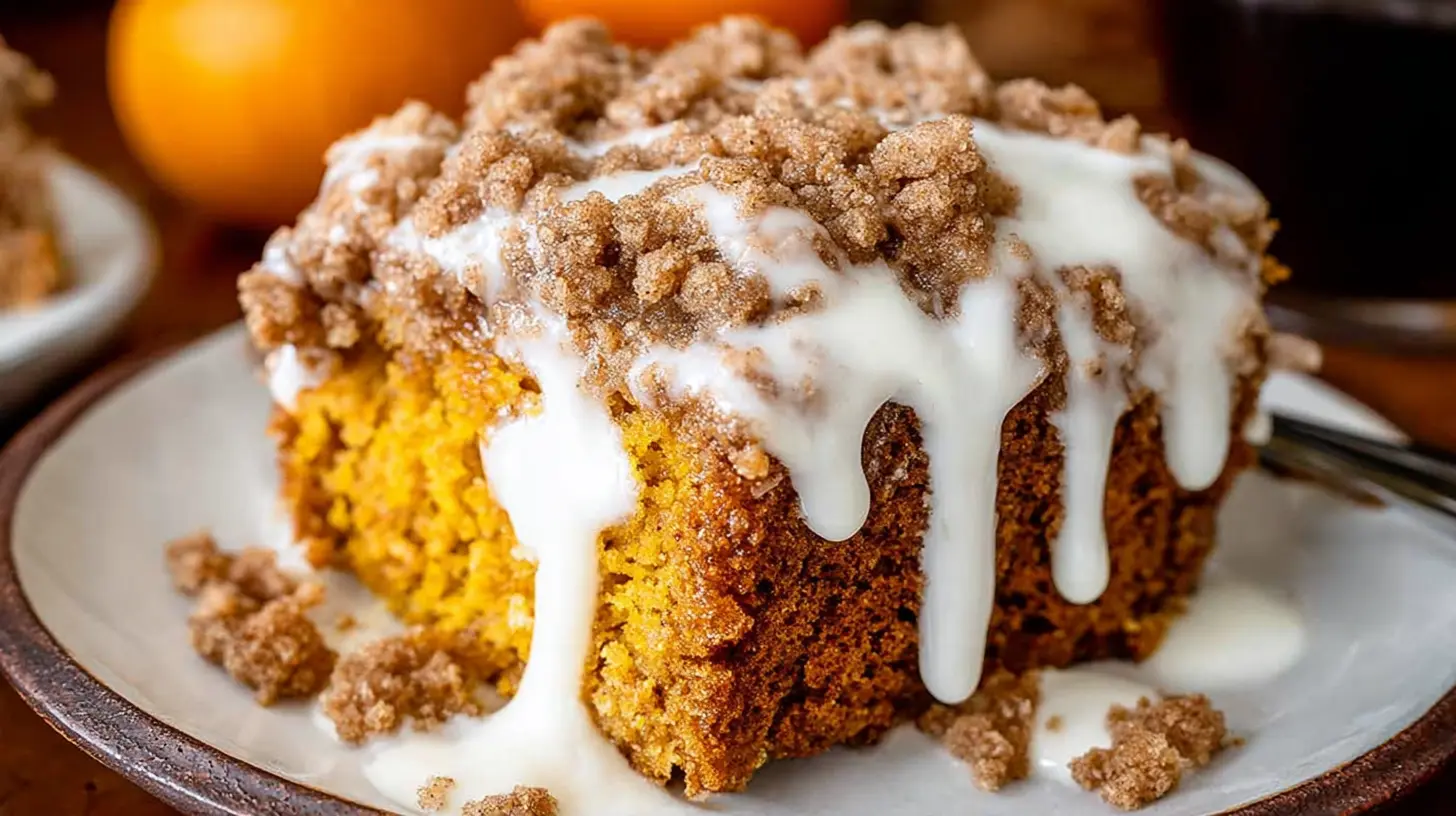 Close-up slice of pumpkin coffee cake topped with a thick cinnamon streusel crumb and vanilla glaze dripping down the sides on a white plate.
