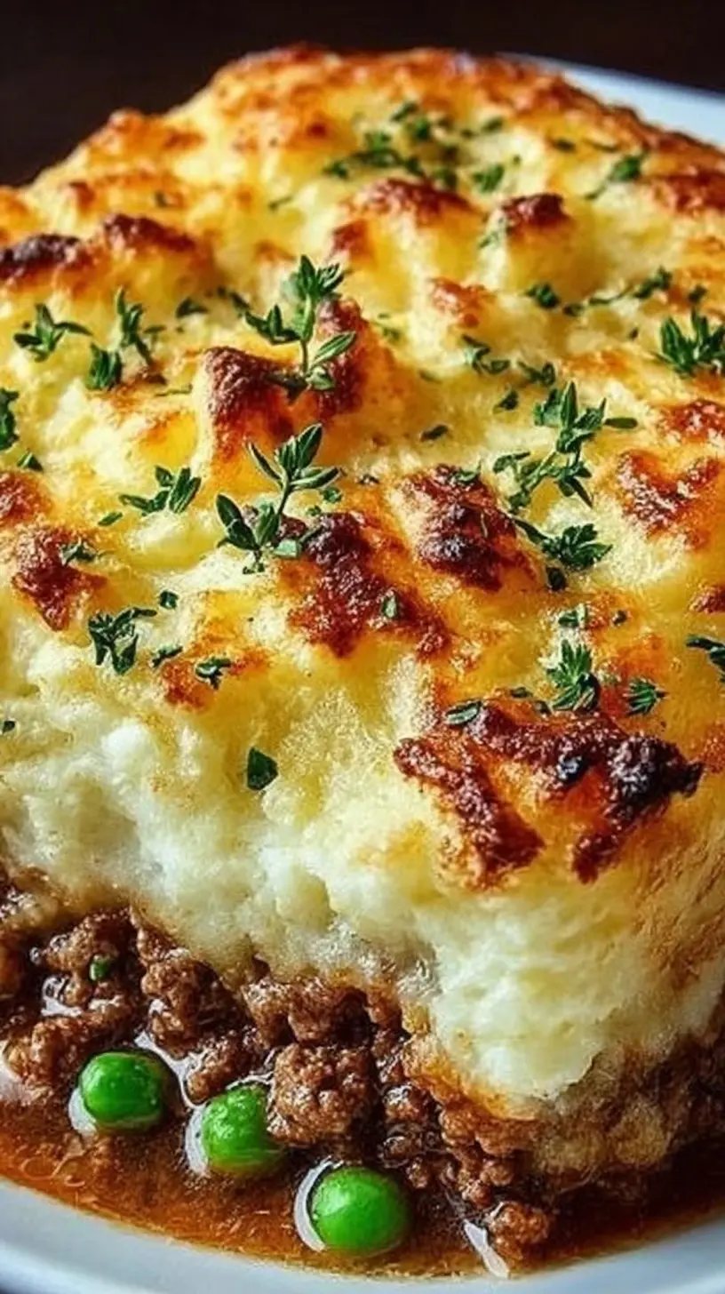 Easy Shepherd's Pie Casserole” fresh out of the oven, with a golden mashed potato topping over a rich ground meat and pea filling