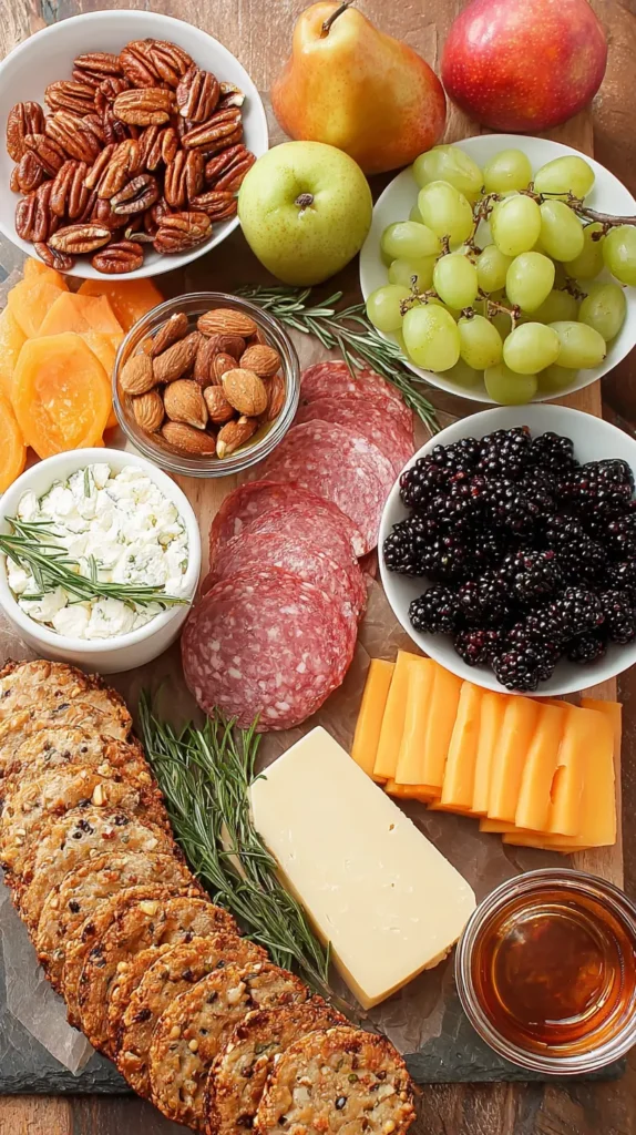 Overhead vertical charcuterie board with bowls of pecans and almonds, green grapes, blackberries, sliced salami, cheddar slices, a block of firm cheese, herbed goat cheese topped with rosemary, seeded crackers, persimmon slices, a pear and an apple, rosemary sprigs, and a small jar of honey/dip on a slate board.