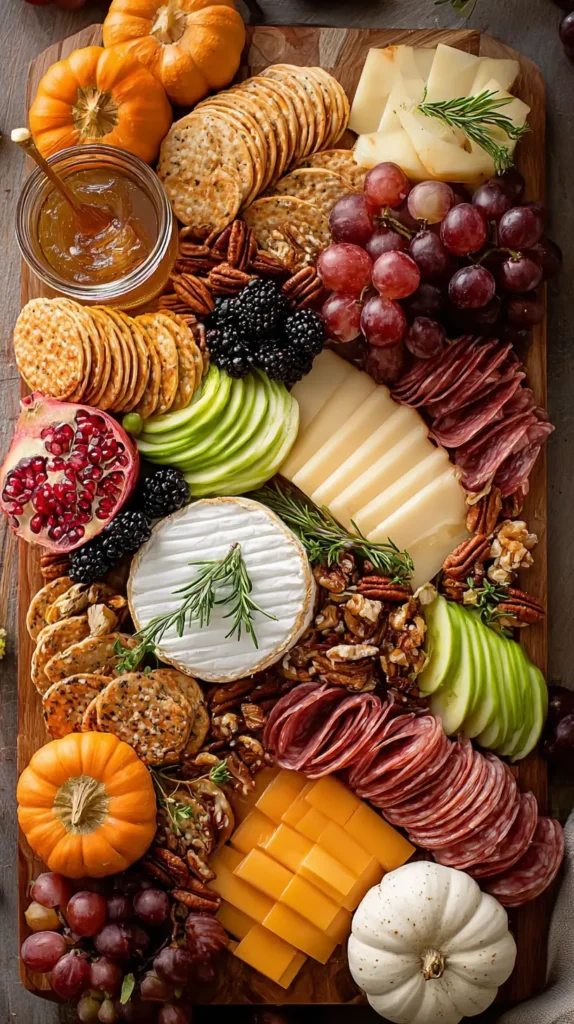 Overhead vertical board filled with brie topped with rosemary, sliced cheddar and provolone, salami folds, crackers, green apple slices, red grapes, blackberries, pecans and walnuts, a jar of apple butter, pomegranate, and mini pumpkins.