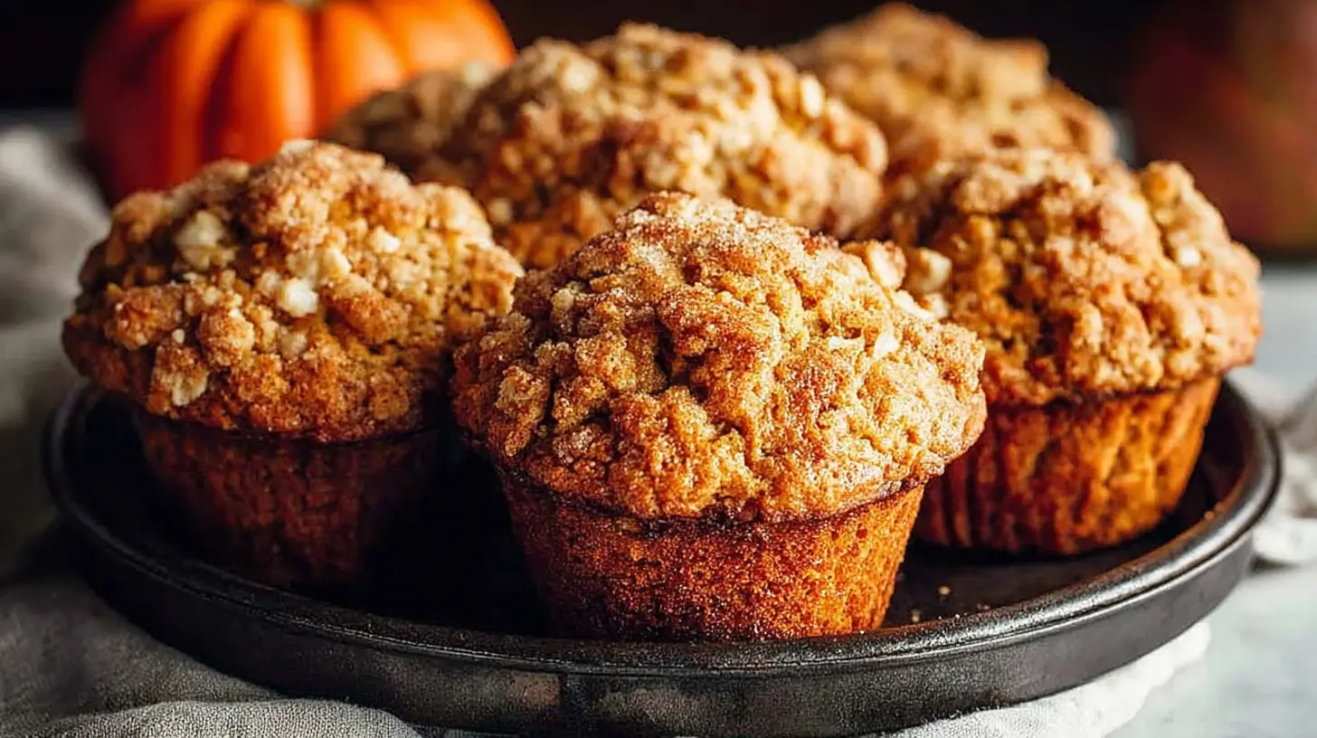 Warm apple-pumpkin muffins with cinnamon crumb topping on a baking pan, golden and rustic—perfect for a cozy fall breakfast.
