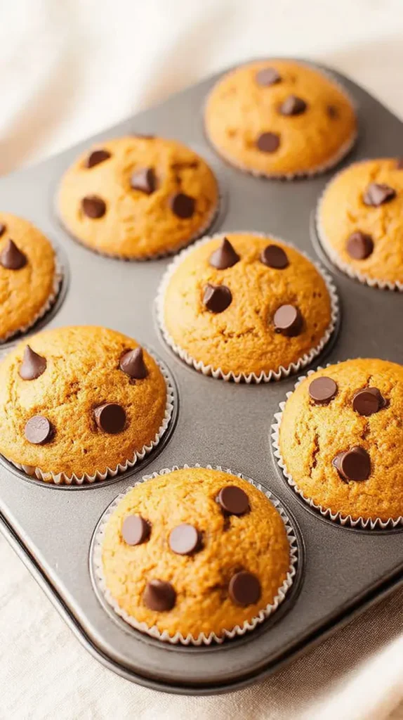 Pumpkin chocolate chip muffins still in the muffin tin after baking.
