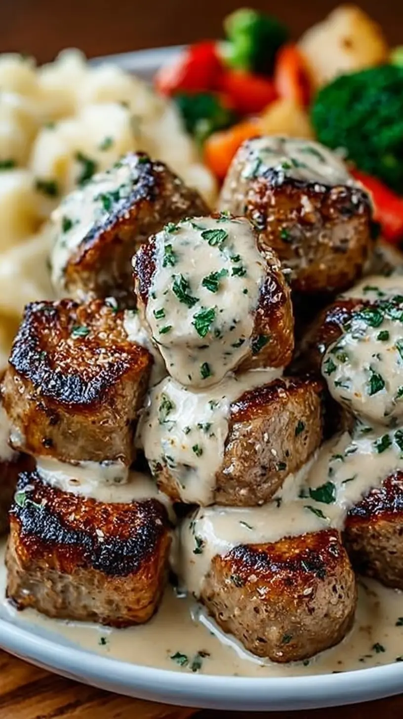 Close-up of garlic butter steak bites stacked on a plate, seared until browned and topped with a creamy Parmesan sauce speckled with fresh herbs, with mashed potatoes and mixed vegetables in the background.