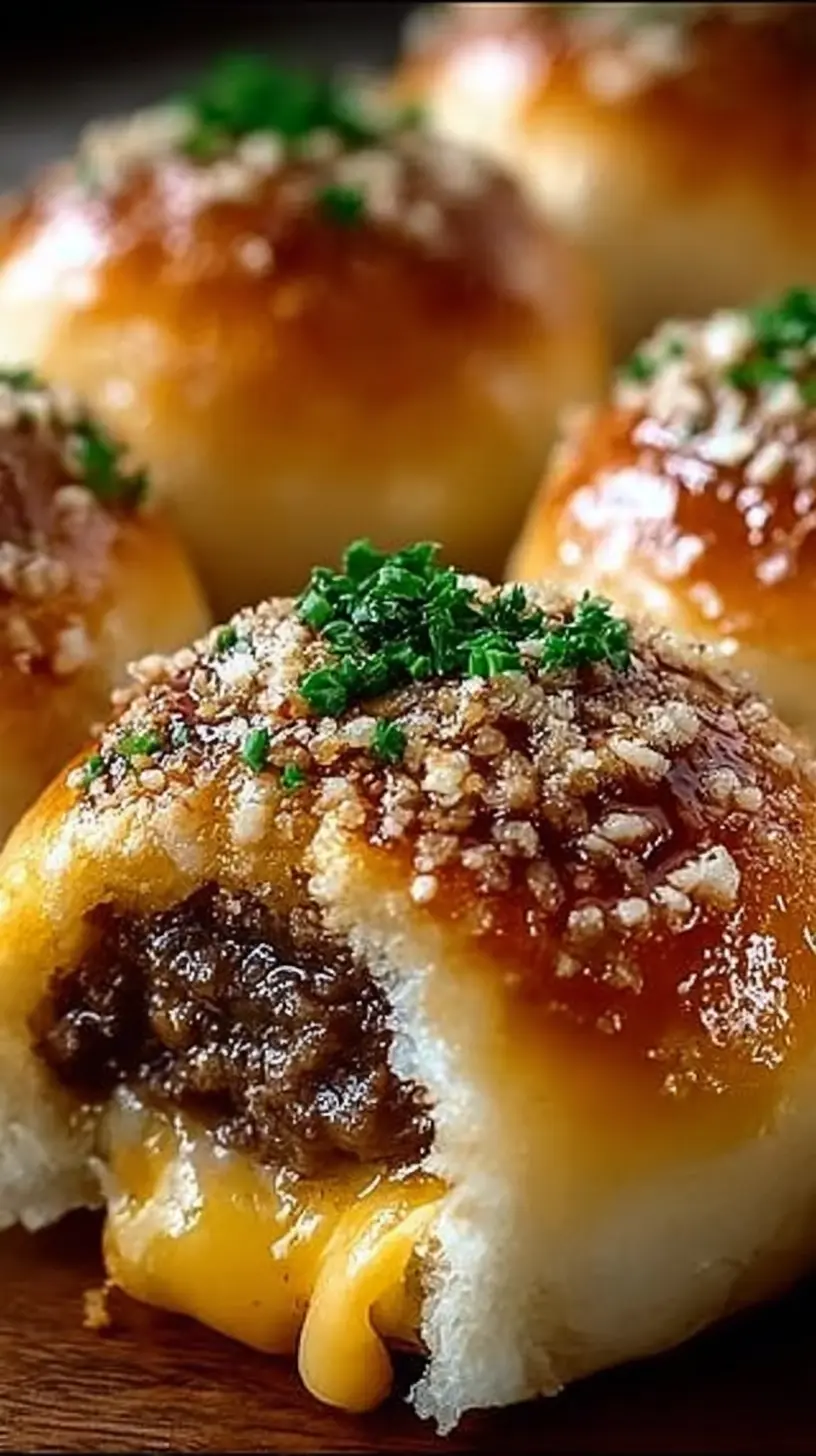 Garlic Parmesan Cheeseburger Bombs Recipe” showing a soft golden roll filled with seasoned beef and melted cheese, topped with garlic butter, parmesan, and chopped parsley.