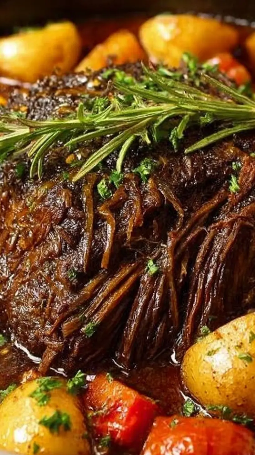 Close-up of a Gordon Ramsay–inspired pot roast in a dark, glossy gravy, topped with a fresh rosemary sprig and surrounded by baby potatoes and carrots.