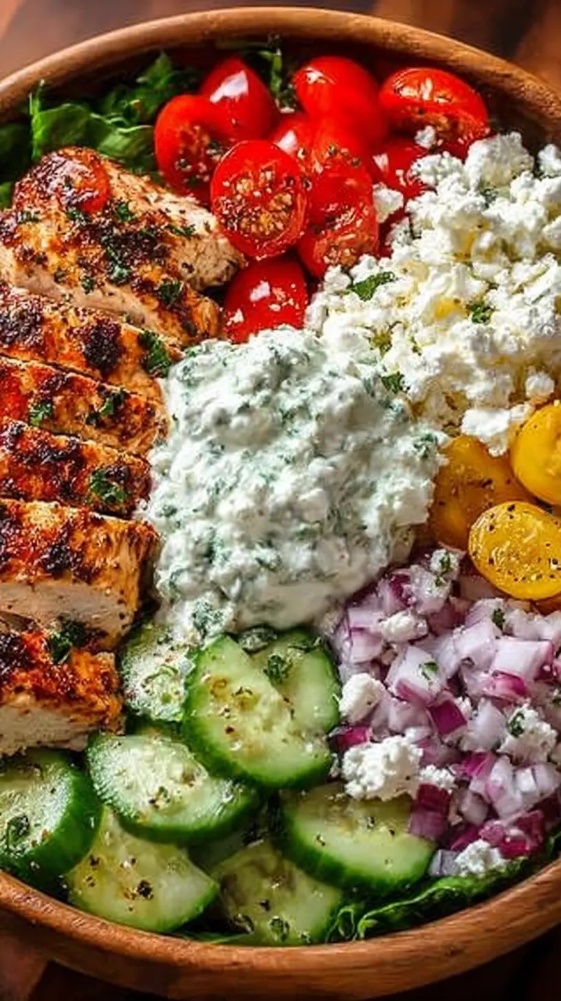 “Greek chicken bowl” with sliced grilled chicken, cucumber rounds, cherry tomatoes, red onion, crumbled feta, yellow tomatoes, and a scoop of tzatziki arranged over greens in a wooden bowl.