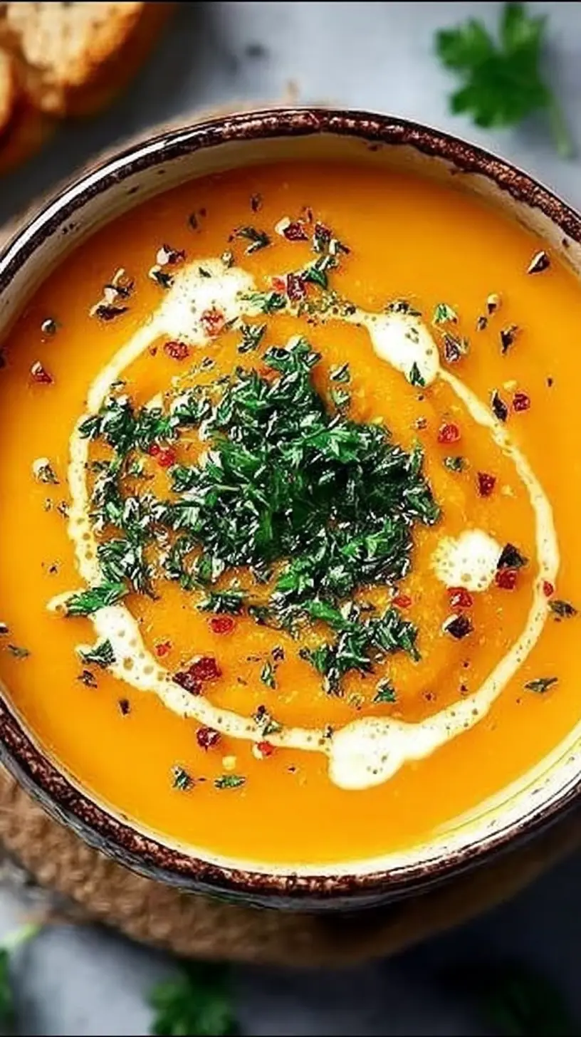 Overhead view of a bowl of smooth butternut squash soup, swirled with cream and topped with fresh chopped herbs and red pepper flakes.