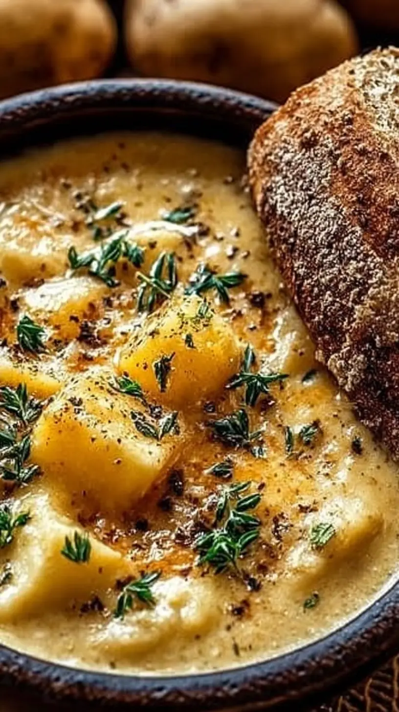 Hearty Cheddar Garlic Herb Potato Soup Recipe" in a rustic bowl topped with fresh thyme, cracked black pepper, and served with crusty bread