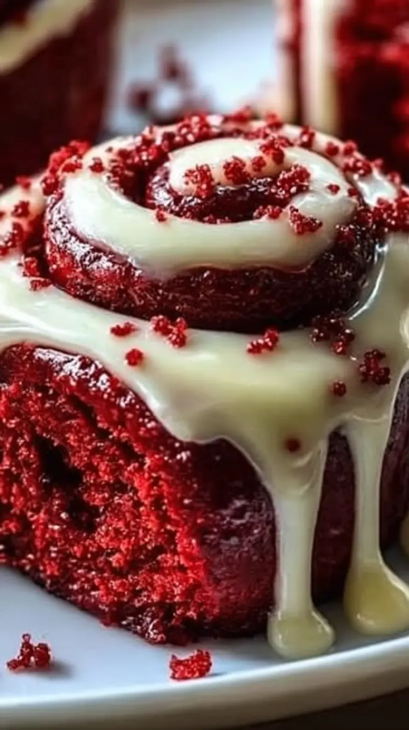 “Close-up of a red velvet cinnamon roll topped with creamy white icing and red crumb sprinkles, resting on a white plate.”