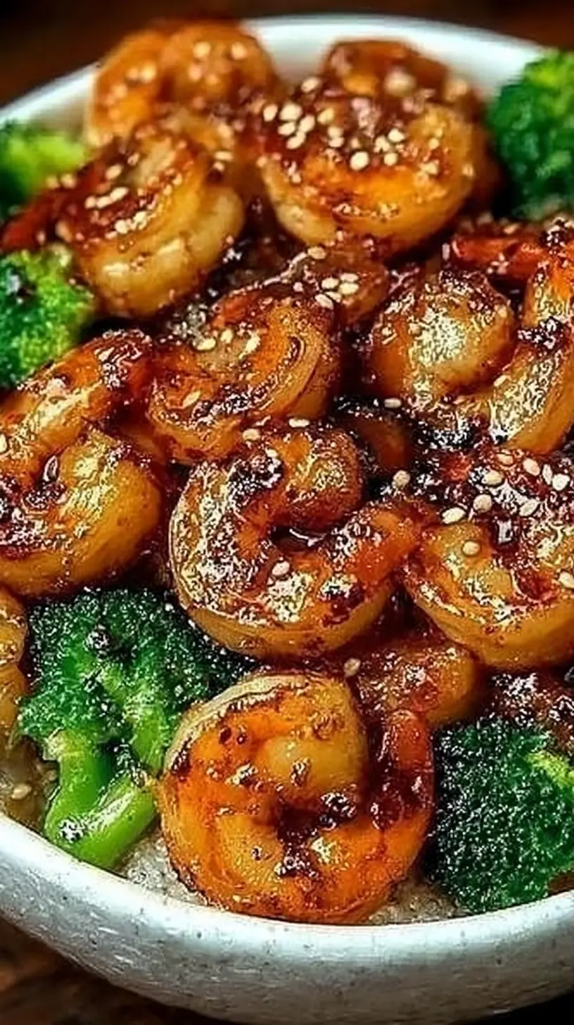 “High-protein honey garlic shrimp bowl” with glossy golden shrimp coated in a sticky honey-garlic sauce, served over rice with bright green broccoli florets and sprinkled with sesame seeds.