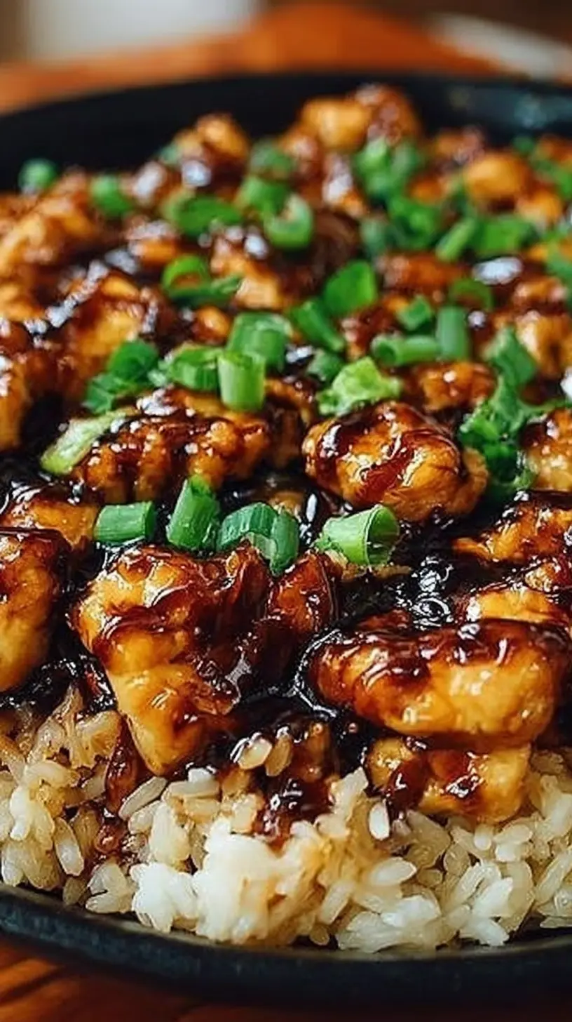 Honey BBQ chicken bites over fluffy rice, drizzled with sticky sauce and topped with sliced green onions.