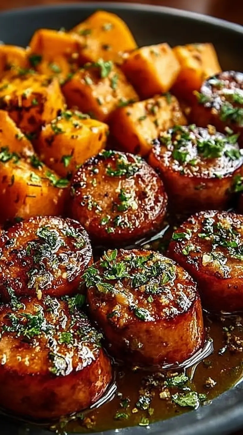 Skillet of caramelized honey garlic sausage rounds with tender roasted sweet potato cubes, all coated in a glossy herb-speckled sauce.