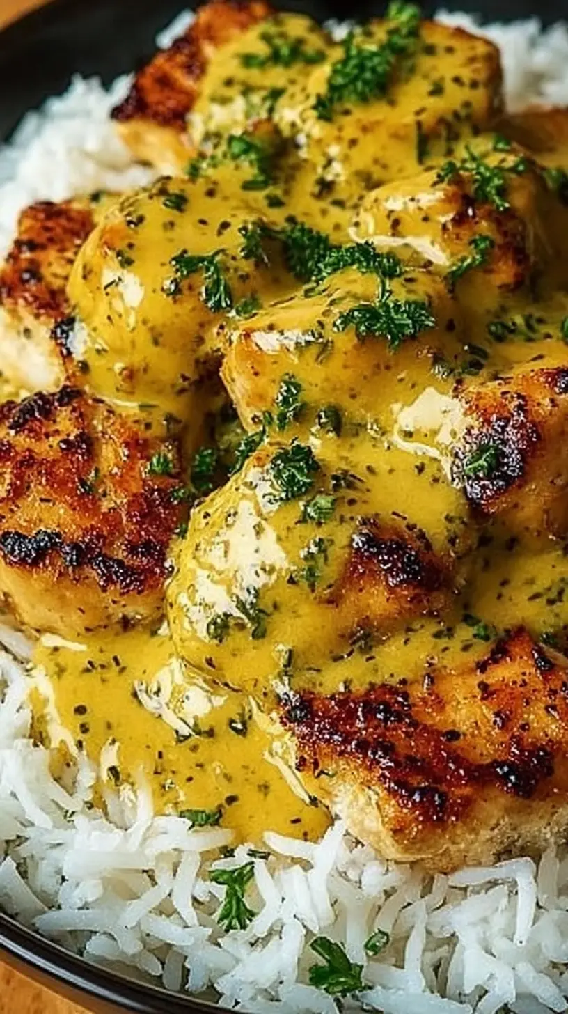 Honey Mustard Chicken with Rice" in a bowl with golden seared chicken pieces coated in creamy mustard sauce, served over fluffy white rice and garnished with herbs