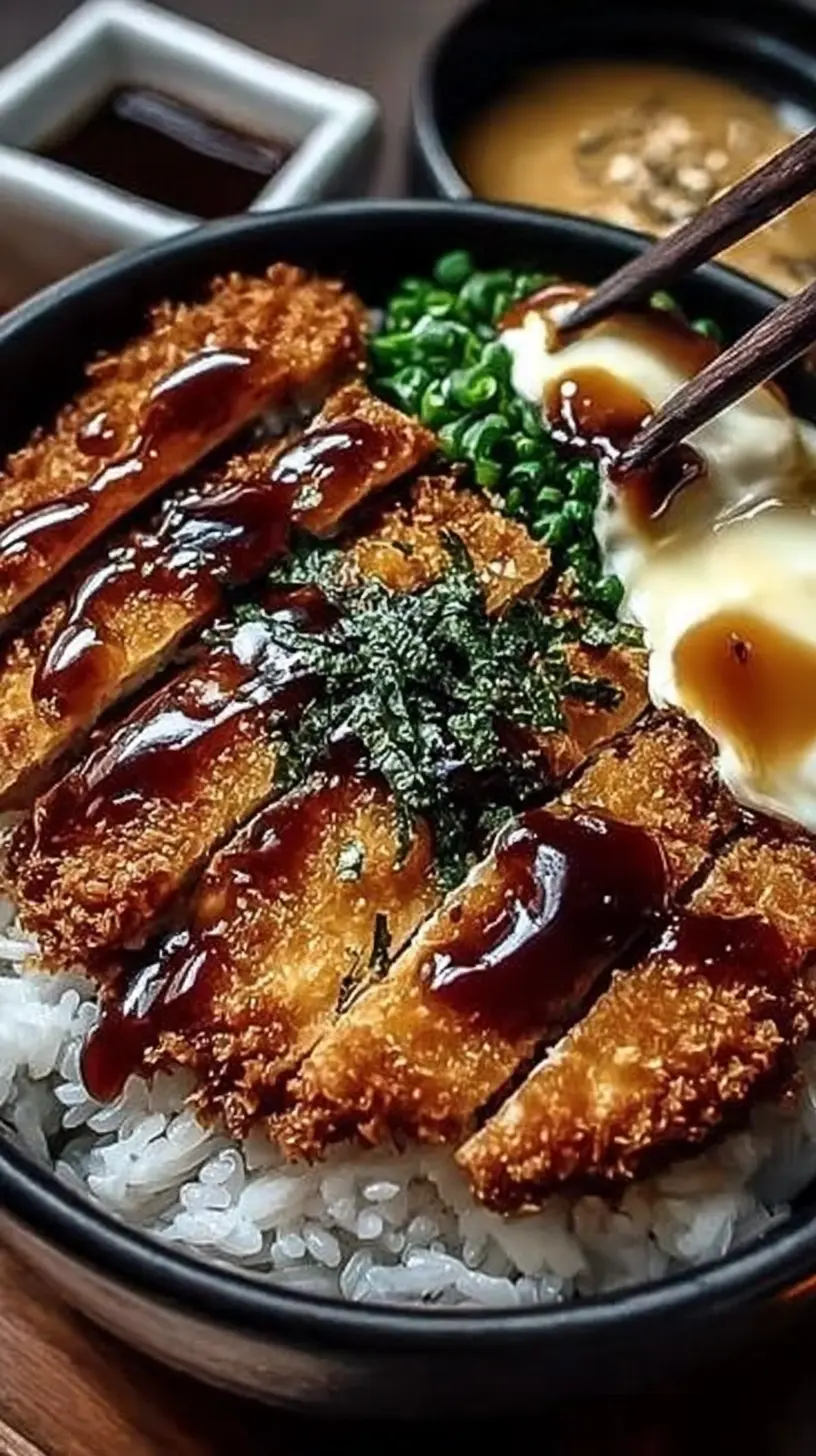 Close-up of a Japanese katsu bowl with crispy sliced chicken cutlet over steamed rice, topped with dark katsu sauce, green onions, seaweed, and a soft egg.