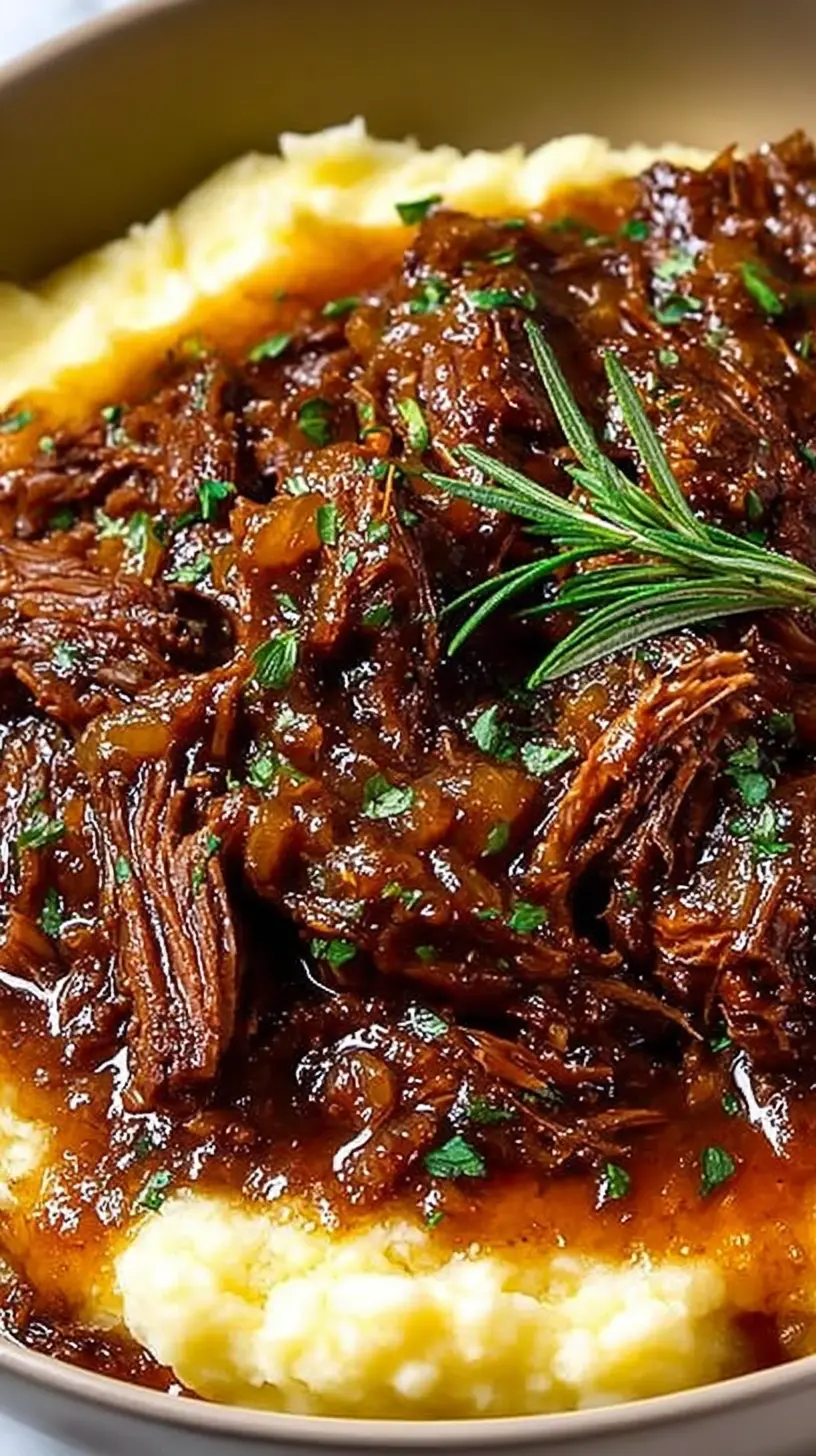 “Juicy French onion pot roast” served over creamy mashed potatoes, with tender shredded beef coated in glossy caramelized onion gravy and garnished with fresh herbs and a sprig of rosemary.