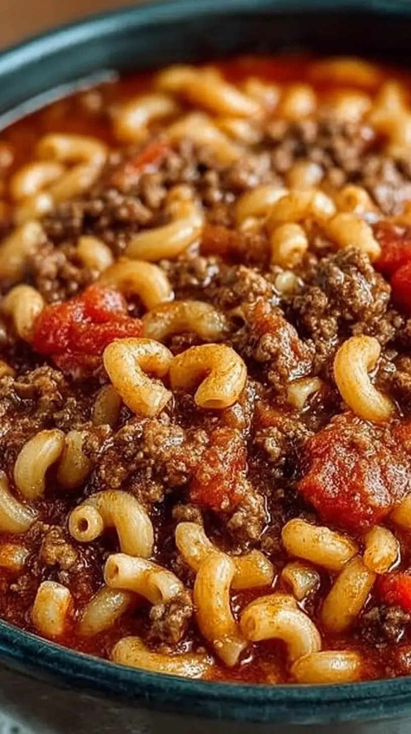Easy Classic Goulash in a blue bowl—elbow macaroni, ground beef, and tomato-rich sauce.