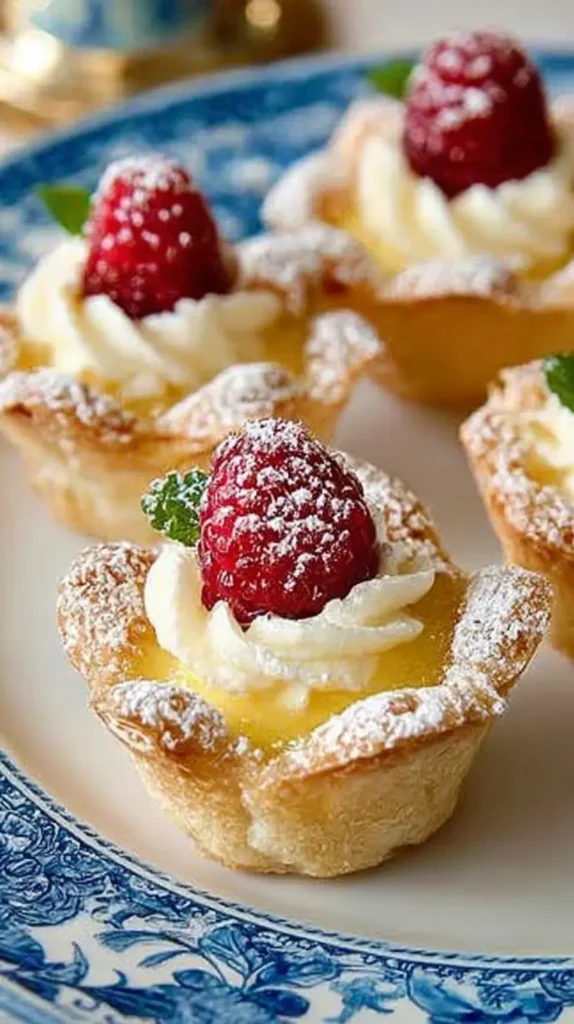 Close-up of golden lemon tartlets topped with piped cream, fresh raspberries, and powdered sugar on a blue-and-white plate.