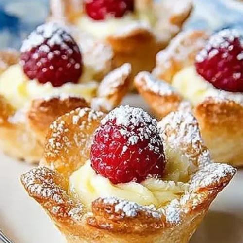 Close-up of a flaky lemon tartlet filled with creamy lemon curd, topped with a fresh raspberry and dusted with powdered sugar on a blue-and-white plate.