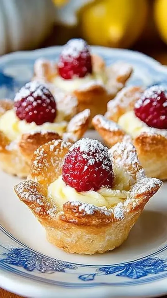 Close-up of a flaky lemon tartlet filled with creamy lemon curd, topped with a fresh raspberry and dusted with powdered sugar on a blue-and-white plate.