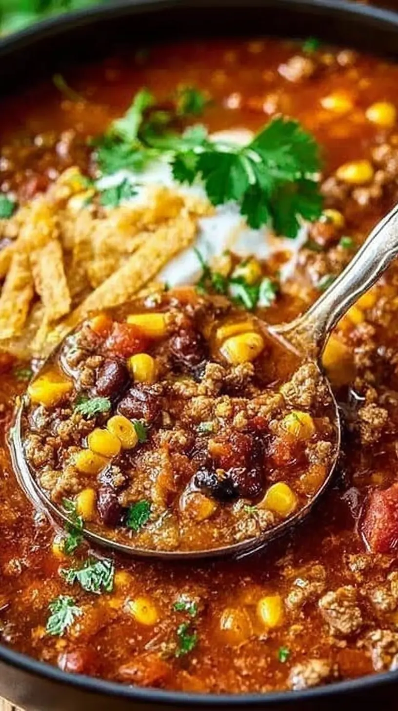 “Mexican pinto bean soup” in a black bowl, with a ladle lifting a chunky scoop of broth filled with pinto beans, ground beef, corn, and tomatoes, topped with tortilla strips, sour cream, and fresh cilantro.