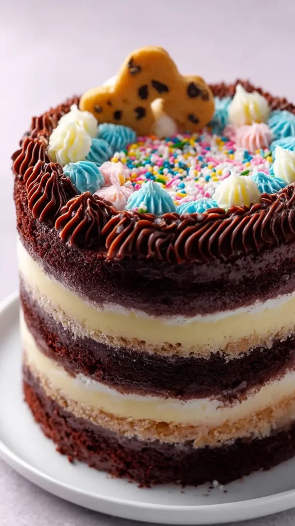 Tall mini naked chocolate layer cake with alternating cocoa sponge and vanilla cream layers, topped with piped buttercream, rainbow sprinkles, and a cookie piece.