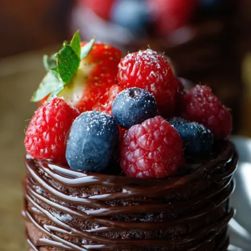 close-up of a tall mini chocolate layer cake drizzled with glossy ganache and topped with raspberries, blueberries, and a strawberry dusted with sugar