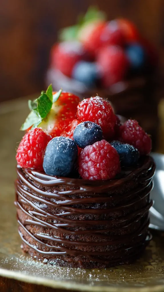 close-up of a tall mini chocolate layer cake drizzled with glossy ganache and topped with raspberries, blueberries, and a strawberry dusted with sugar