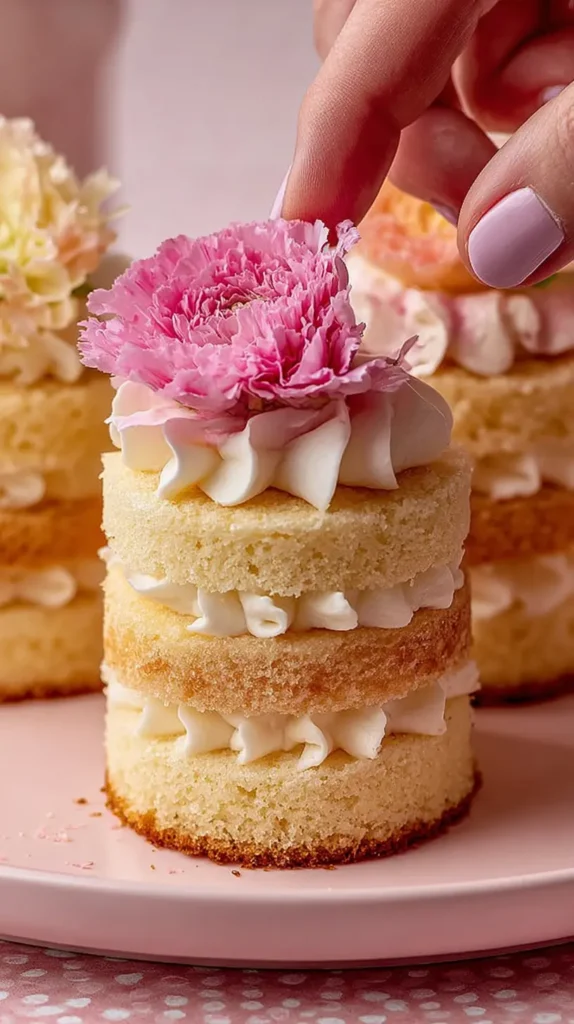 Vertical close-up of a layered vanilla sponge cake with white and pink buttercream, topped with a pansy, strawberry, and small blossoms against a soft pink background.
