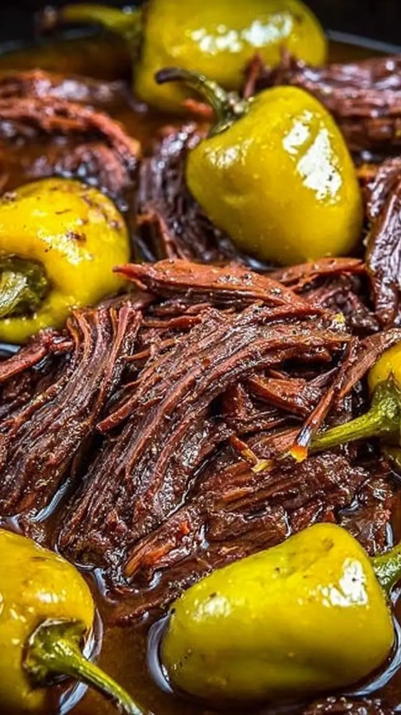 Close-up of shredded Mississippi pot roast in rich brown gravy, cooked with whole pepperoncini peppers in a slow cooker.
